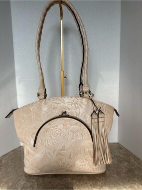 Patricia Nash Embossed Floral Leather Shoulder Bag Cream Ivory Tassel Boho Chic